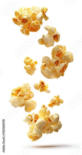 Floating popcorn kernels and clusters on white background, shot with soft lighting