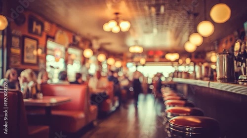 Wallpaper Mural Out of focus view of a retro cafe with customers and warm lighting Torontodigital.ca