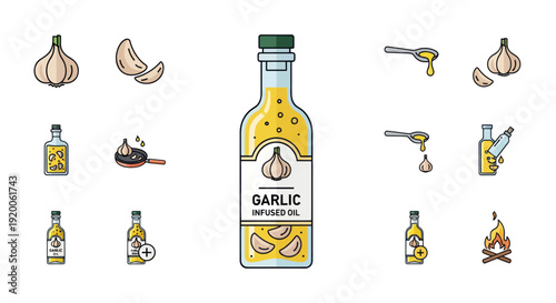 Garlic Infused Oil Bottle with Ingredients and Cooking Scenes Icons Set