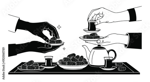 Hands exchanging dates and tea a contrasting black and white silhouette