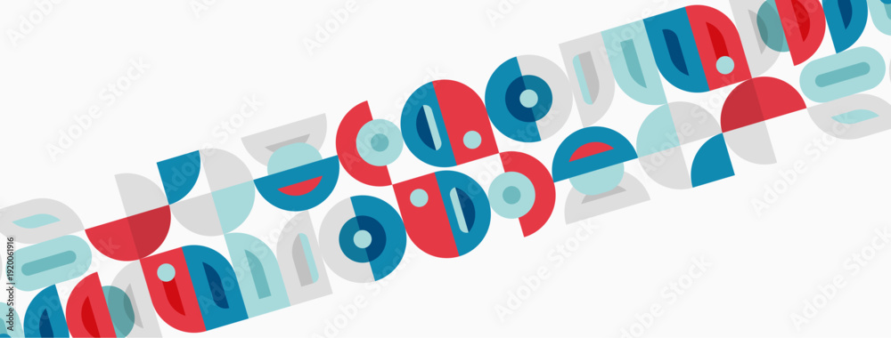 Fototapeta premium Abstract geometric shapes, colorful circles, rectangles, lines. Minimalist design, repeating pattern, modern aesthetic. Bright hues, flat illustration.