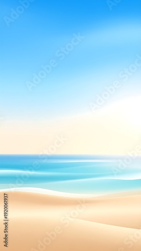 A serene desert landscape meets a calm sea under a vibrant blue sky