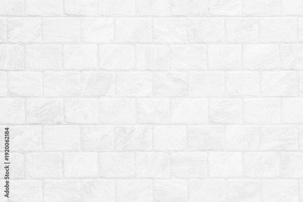 Fototapeta premium Kitchen wallpaper concept: Close up modern white brick tiles wall texture background, White brick wall texture background for stone tile block in grey light color wallpaper modern interior.