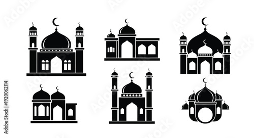 Islamic mosque building designs in a stark black silhouette