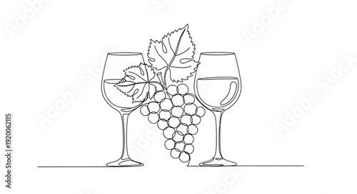 Wine Glasses and Grapes Line Art Vector, Classic Pairing on White