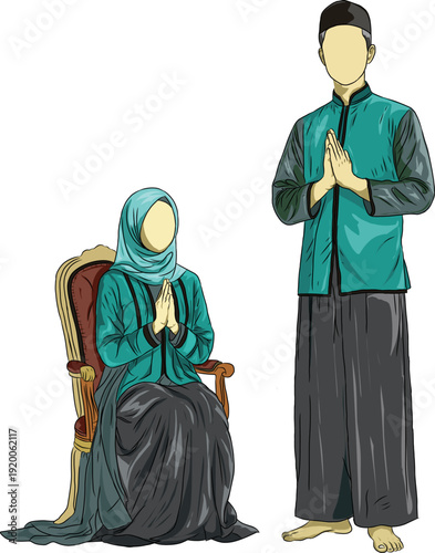 couples wearing matching Muslim attire,  congratulating each other