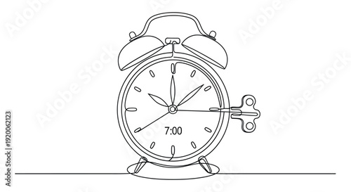 Alarm Clock Line Art Vector, Time Management and Waking Up on White
