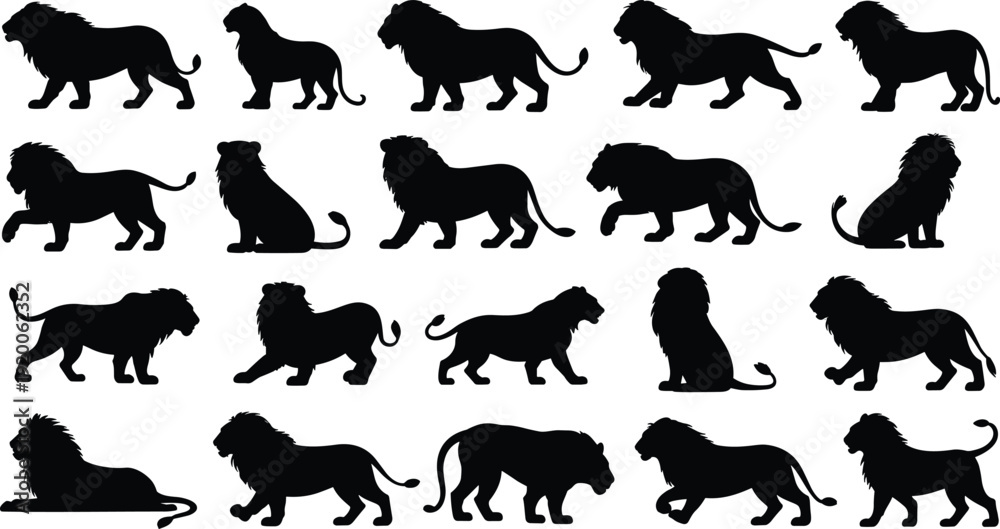 Fototapeta premium Collection of black lion silhouettes featuring male, female, and cub figures in various poses including walking, standing, and sitting, isolated on a white background.