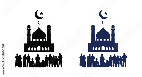Islamic mosque and praying people a striking black silhouette