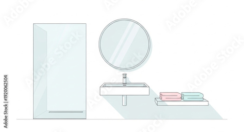 Minimalist vanity table with mirror and makeup items.