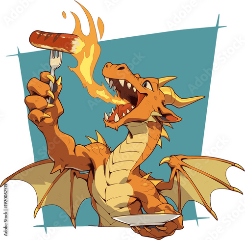 fantasy dragon character with wings and fire flame roasting sausage food, humorous mythical creature illustration with barbecue cooking action and playful comic design.