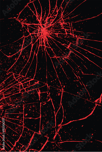 Shattered red glass close-up on black background. Texture of broken glass.	