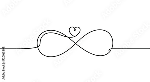 Infinity symbol with heart, continuous black line drawing