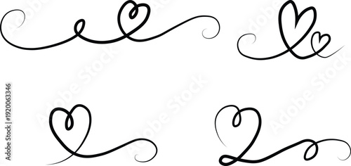 Set of hand drawn heart flourishes and calligraphic swirls isolated on white background