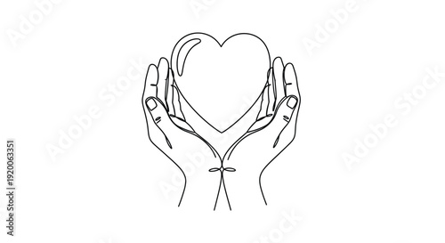 Hands cradling a heart, continuous black line drawing