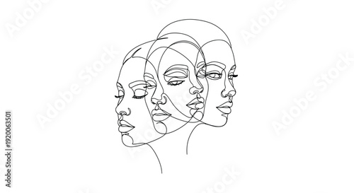Multiple Female Faces Line Art, Abstract Woman Profile Illustration