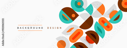 Abstract geometric shapes overlap, creating modern background. Colors include orange, teal, gray, white. Minimalist design elements present.