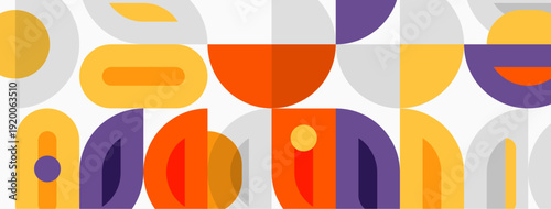 Abstract geometric pattern. Circles, semicircles, rectangles create midcentury modern aesthetic. Warm colors dominate composition.