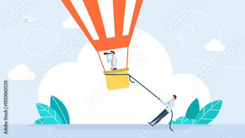 Businessman in hot air balloon with telescope while partner holds him back. Concept of business vision, resistance, leadership, and strategy obstacles. Flat vector illustration.
