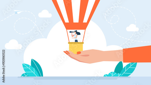 Hot air balloon flight floating. Searching for employees finding work or vacancy. Search service concept. Woman in hot air balloon with binoculars. Vision of future, goal setting. Vector illustration