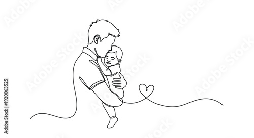 Father Holding Baby Line Art, Family Love and Parenthood Icon