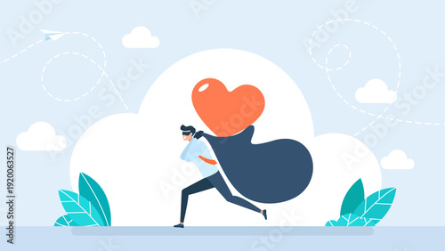Man carrying a giant heart in a bag. Stealing love, secret romance, or emotional burden. Man or thief carrying a big heart in a sack. Symbol of stolen love, or heavy emotions. Vector illustration