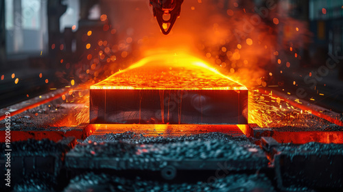 Massive red-hot steel slab, bursting with heat, glowing orange, awaiting next technological operation. Modern metallurgical production, sparks in air. Blurred background of steelmaking workshop.