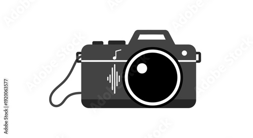 A camera illustration with lens and strap on a clean background viewed from the front