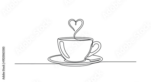 Coffee Cup with Heart Steam Line Art, Love for Coffee
