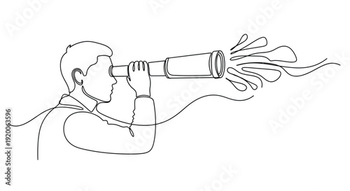 Man with Telescope Gazing into Distance in Single Line Art