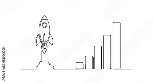Rocket launch next to growth chart bars, business success concept