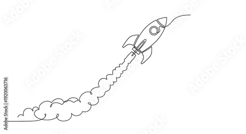 Rocket speeding upwards with smoke trail, dynamic line art illustration