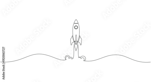 Rocket taking off from wavy ground, simple line art illustration