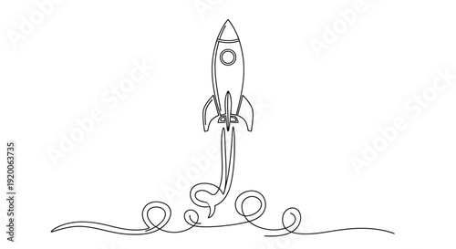 Continuous Line Drawing of a Rocket Launching into Space, Symbolizing Innovation