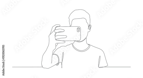 Person Taking Photo with Smartphone, Line Art of Mobile Photography and Content