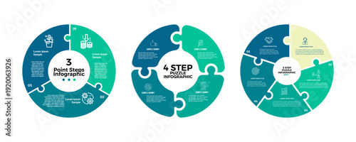 Vector circular infographic puzzle set with 3, 4, and 5 option steps for business presentations, web, banners, and annual information. Vector editable illustration