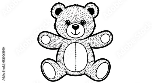 Cute Teddy Bear Drawing, Adorable Stuffed Animal, Children's Toy, Black and White Outline