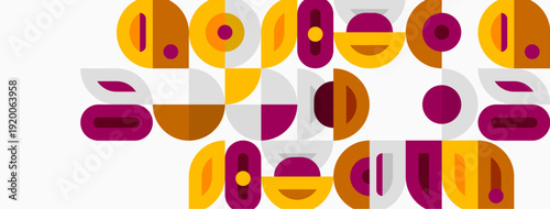 Abstract geometric shapes, muted colors, retro style. Composition features overlapping circles, rectangles, curves. Minimalist design, warm tones present.