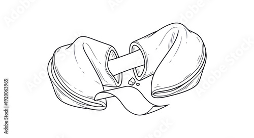 Fortune Cookie Cracked Open With Paper Scroll Inside, Line Art Illustration