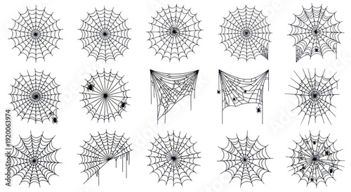 Collection of Spooky Spiderwebs with Spiders - Halloween Decoration Elements