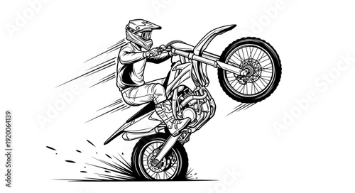 Motorcycle rider performing a wheelie stunt with speed lines.