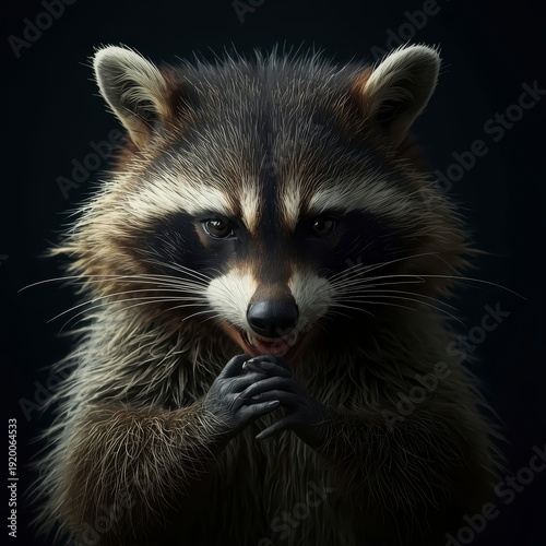 A detailed close-up portrait of a mischievous raccoon rubbing its tiny paws together in a scheming manner on a dark background.