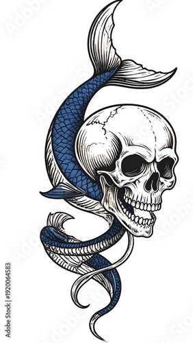 A skull with a blue and white mermaid tail emerging from it