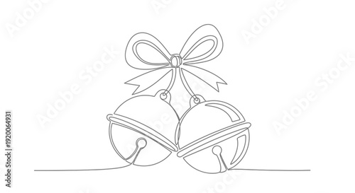 Continuous line drawing of Christmas jingle bells with a bow, festive holiday celebration