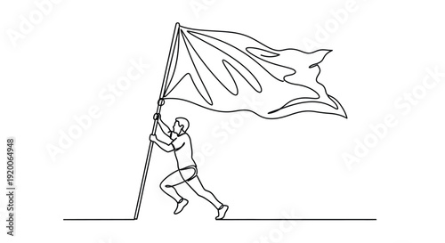 Dynamic single line drawing of a man running with a large flag, symbolizing triumph