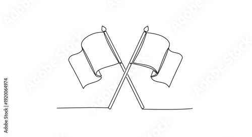 Two crossed flags on poles, minimalist line art for concepts of partnership or competition