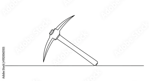 Pickaxe on ground line, minimalist line art for mining and hard work