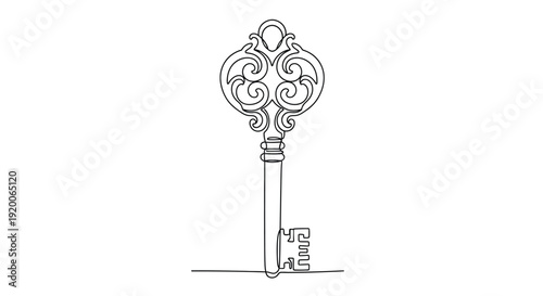 Ornate vintage key, single line art for antique access and secrets