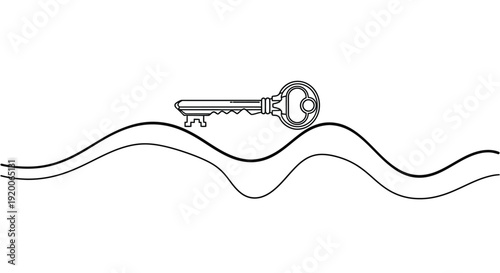 Key on wavy line, minimalist art for finding solutions and pathways