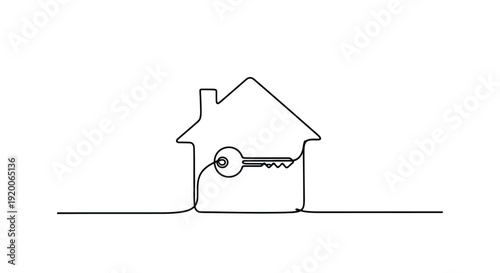 Key inside house outline, minimalist line art for homeownership